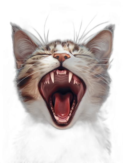 A cat with its mouth open, showing sharp teeth, laughing at the camera, digital art style, black background, hyper-realistic illustration, high resolution, digital airbrushing technique, air brush painting, front view