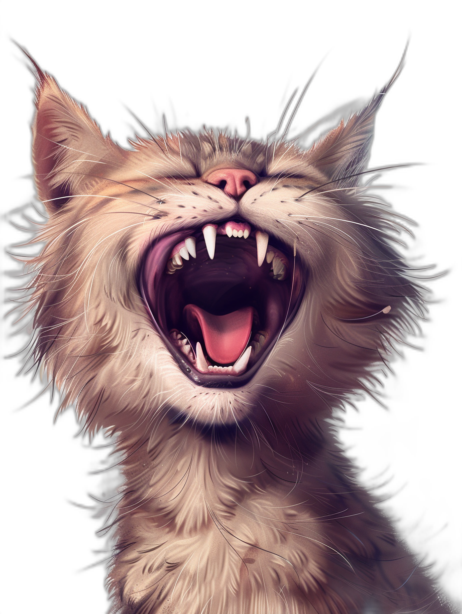 realistic digital illustration of a cat laughing, with sharp teeth showing, that is cute and funny, digital art in the style of black background, high definition