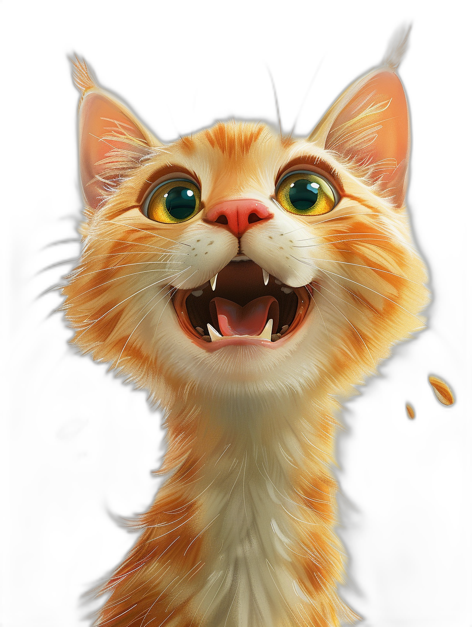 A cute smiling ginger cat with big eyes and open mouth, in the style of [Tiago Hoisel](https://goo.gl/search?artist%20Tiago%20Hoisel), caricature-like, playful, with hyper-realistic details, on a black background