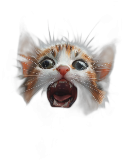 A cute kitten, in a close-up with its mouth open showing teeth, eyes wide with a fearful expression on a black background, in the digital art style, a super realistic animal illustration, in the front view, fantasy realism, glowing light white and orange, a bright color scheme, high resolution, symmetrical composition, sharp focus, in the portrait photography style.