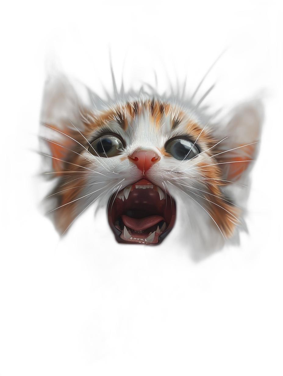 A cute kitten, in a close-up with its mouth open showing teeth, eyes wide with a fearful expression on a black background, in the digital art style, a super realistic animal illustration, in the front view, fantasy realism, glowing light white and orange, a bright color scheme, high resolution, symmetrical composition, sharp focus, in the portrait photography style.