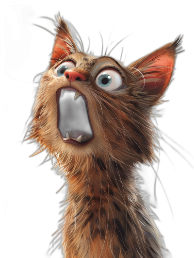 A funny cat caricature, surprised and shocked with his mouth open, on a black background, in the style of Pixar.