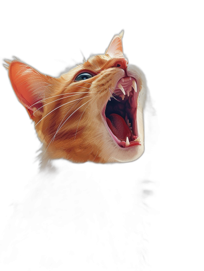 front view of an orange cat with its mouth open barking, in a hyper realistic style, on a black background, digital art