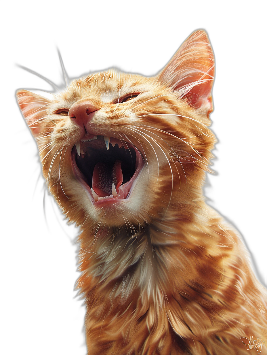 A cute ginger cat laughing with its mouth open, hyper realistic, on a black background, octane render, digital art in the style of daniel f gerhartz and [Tomer Hanuka](https://goo.gl/search?artist%20Tomer%20Hanuka) and pascal blanche.