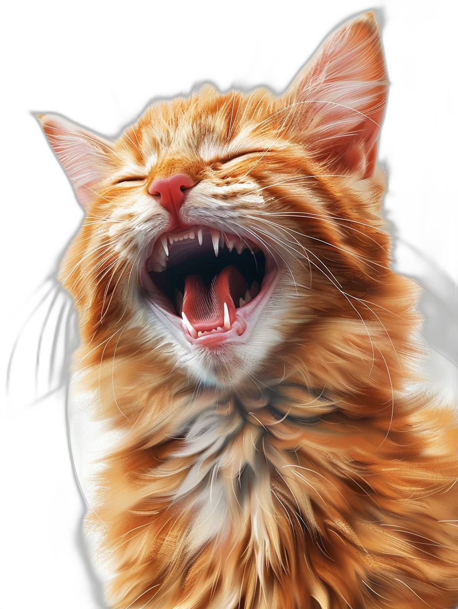 digital art of cute kitten , very happy and laughing with teeth visible, ginger color cat, black background , hyper realistic oil painting style