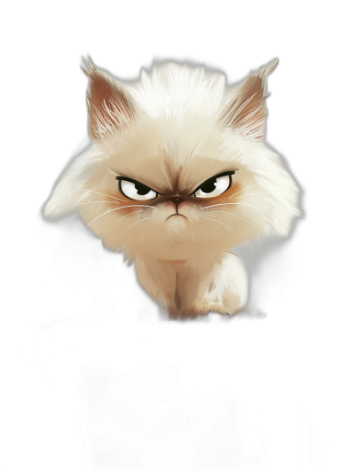 grumpy white cat, cartoon style, black background, cute in the style of unknown artist.