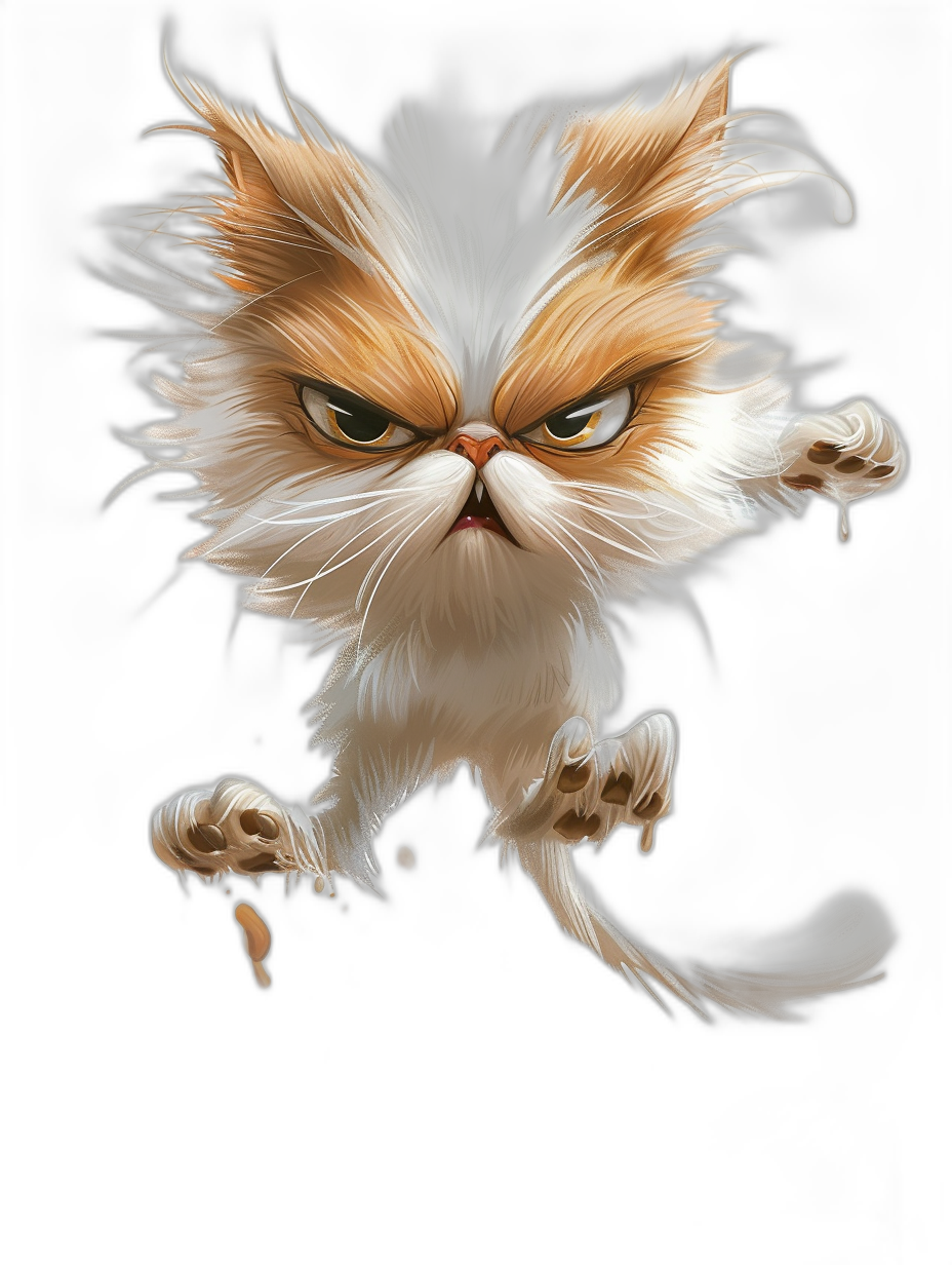 A caricature of an angry cat in the style of Mad magazine, jumping towards the camera, isolated on a black background, with full body detail, at a high resolution.