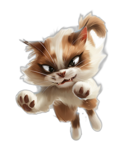 A cute grumpy cat jumping in the air against a black background in the style of [Artgerm](https://goo.gl/search?artist%20Artgerm)'s digital art and fantasy character design sheet.