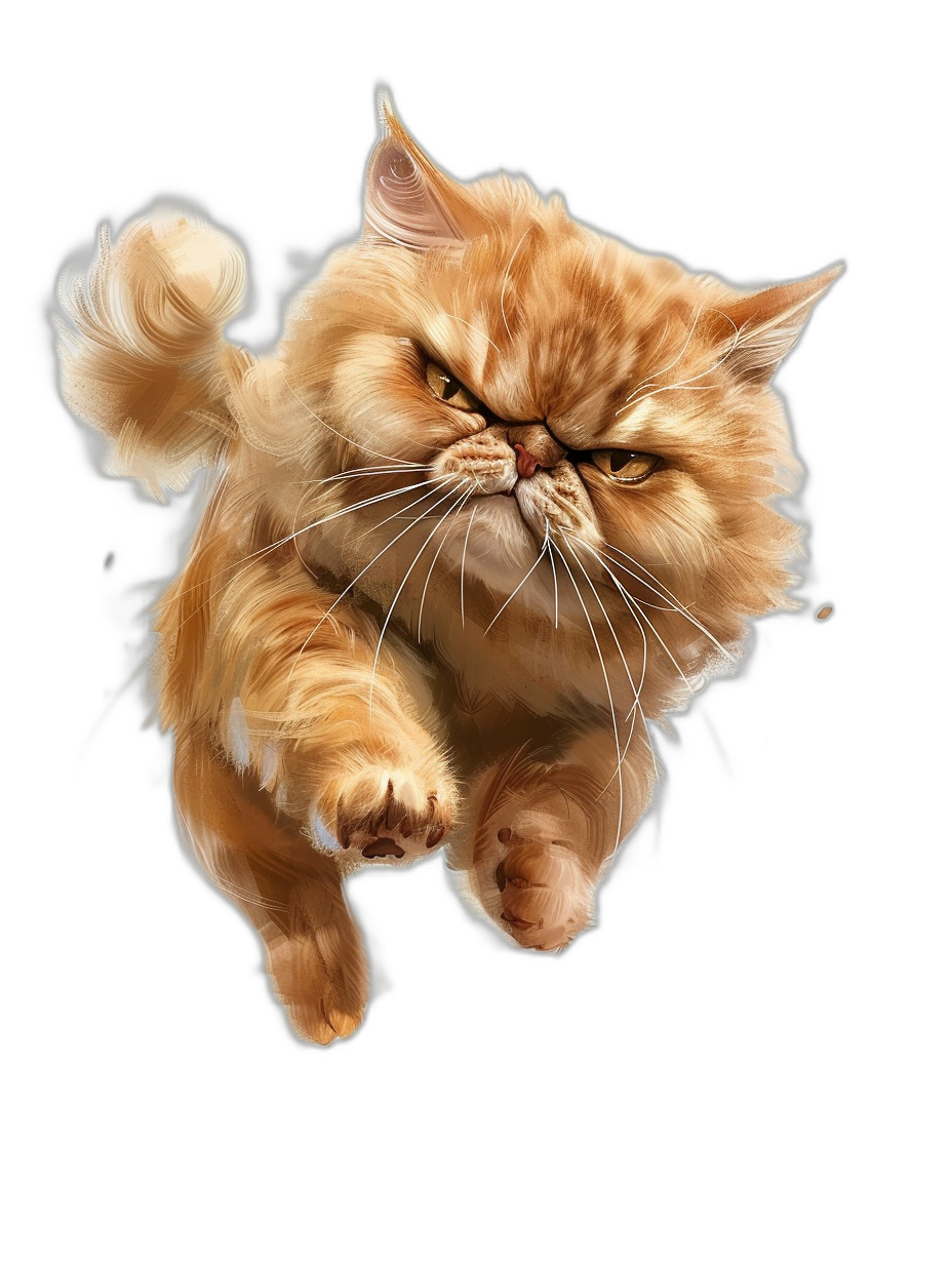 A flying Persian cat with an angry face in a full body pose isolated on a black background, in the style of photorealistic painting.