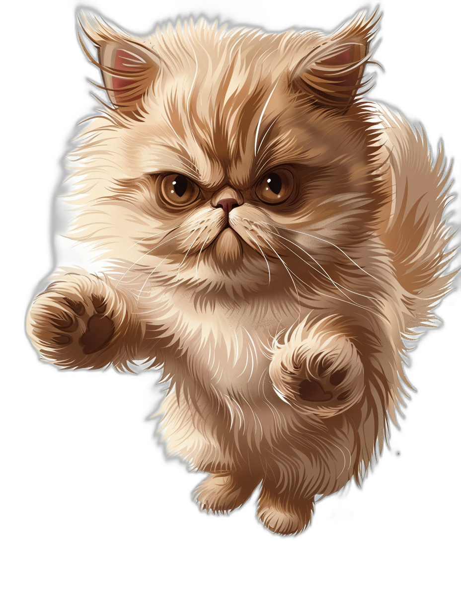 realistic cartoon illustration of an angry cream-colored Persian cat jumping, isolated on a black background, in a full-body view.