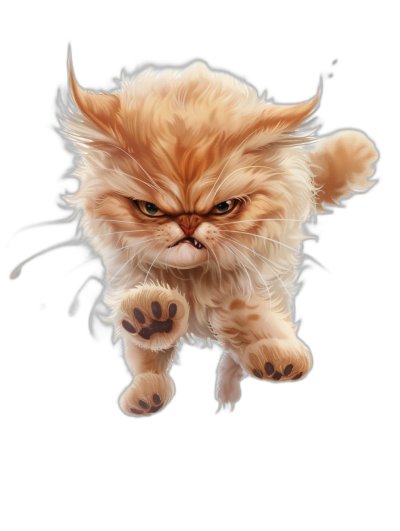 A persian cat jumping, with an angry face expression in the style of chibi character, on a black background, digital art in the style of [WLOP](https://goo.gl/search?artist%20WLOP) and [Greg Rutkowski](https://goo.gl/search?artist%20Greg%20Rutkowski) and [Magali Villeneuve](https://goo.gl/search?artist%20Magali%20Villeneuve), showing the full body.