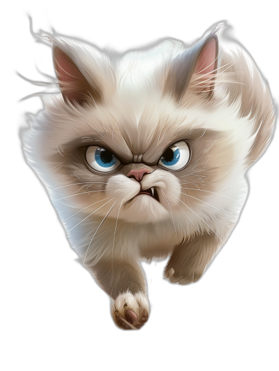 grumpy white cat, cartoon style, vector art, isolated on black background, flying pose, blue eyes, fluffy fur, angry face expression, detailed illustration, fantasy, fantasy, cartoon character design, fantasy artwork, disney animation style, high resolution, hyper quality, high detail