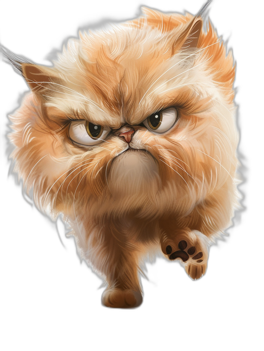 grumpy persian cat cartoon caricature, running away from the camera, black background, hyper realistic, in the style of caricatures