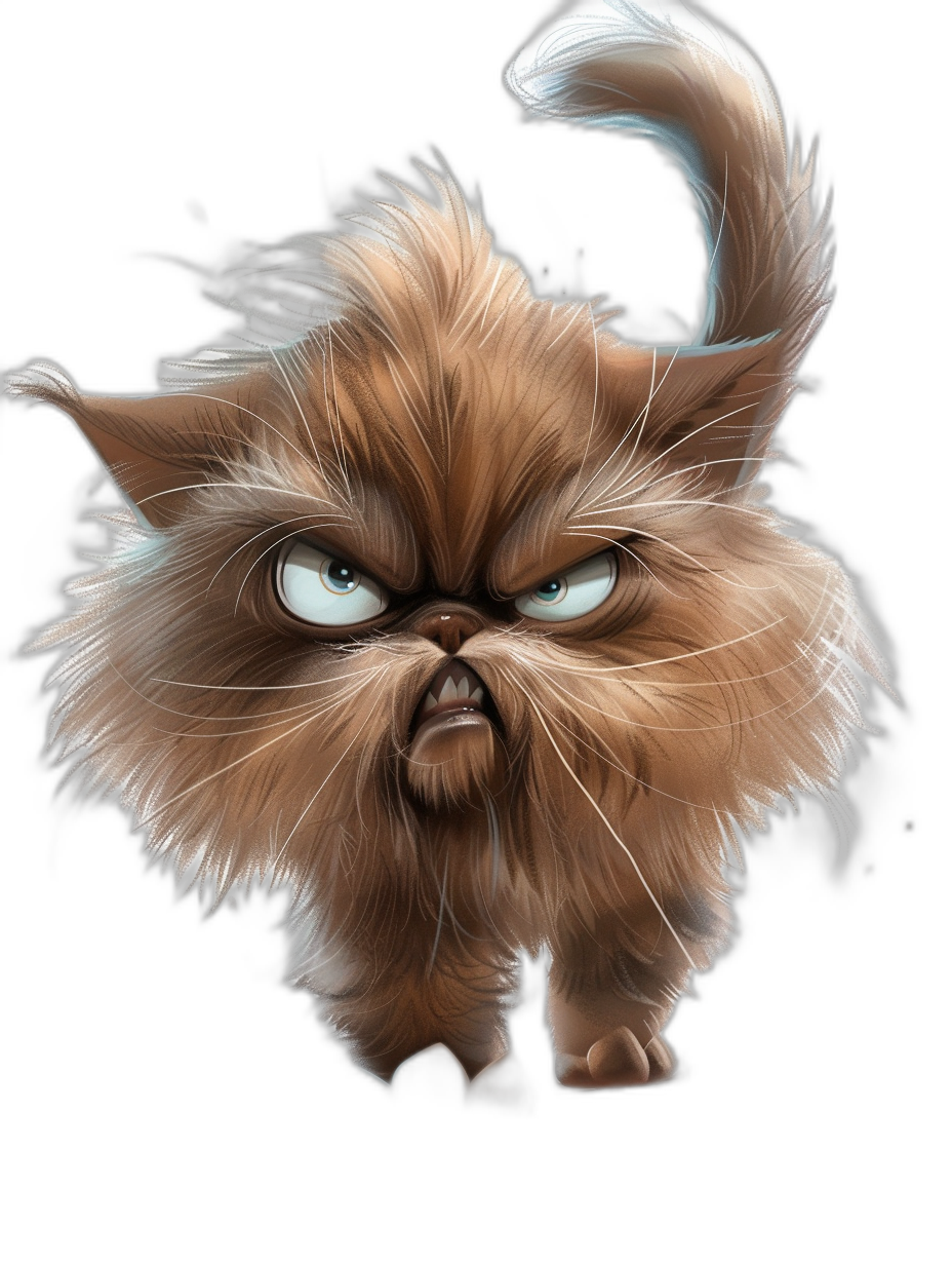 angry, cute fluffy grumpy cat cartoon character in the style of [Tiago Hoisel](https://goo.gl/search?artist%20Tiago%20Hoisel), caricature-like, playful caricatures, black background, vector illustration