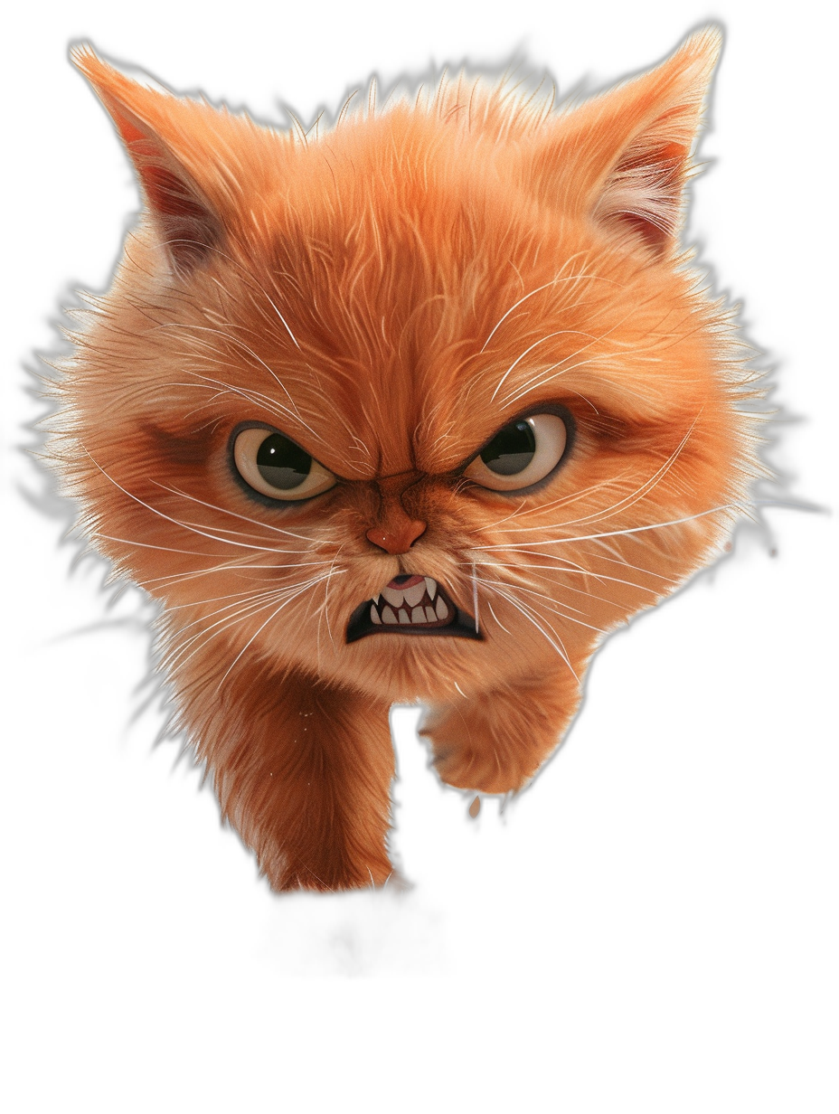 angry orange cat, snooty cartoon in the style of caricature, black background, photo realistic