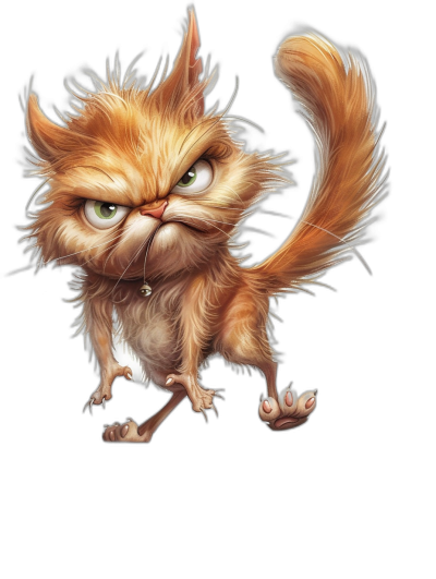 A cute cartoon illustration of an angry ginger cat with a very long fluffy tail, in the style of [Tiago Hoisel](https://goo.gl/search?artist%20Tiago%20Hoisel), caricature-like and playful, high resolution photography of a full body studio portrait on a black background.