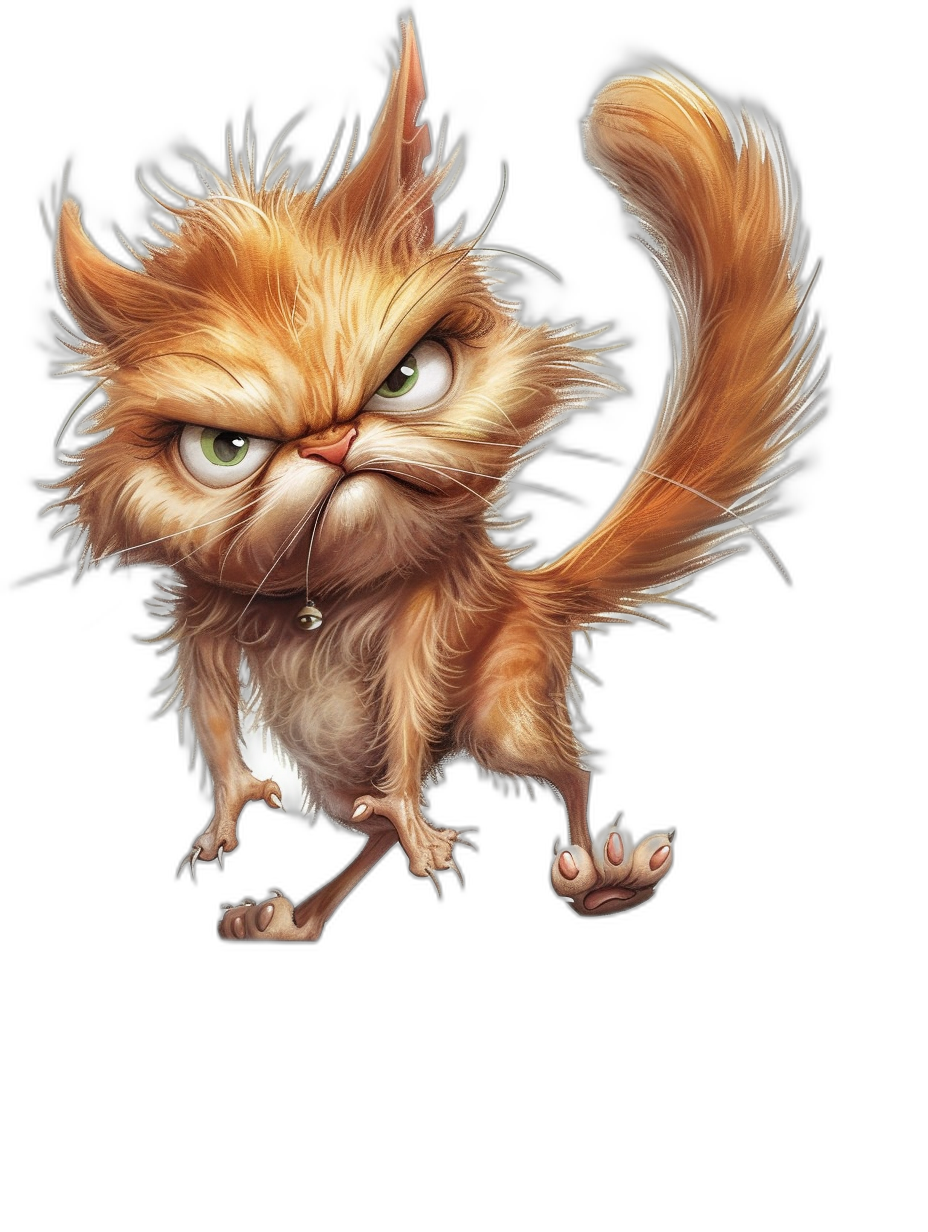 A cute cartoon illustration of an angry ginger cat with a very long fluffy tail, in the style of [Tiago Hoisel](https://goo.gl/search?artist%20Tiago%20Hoisel), caricature-like and playful, high resolution photography of a full body studio portrait on a black background.