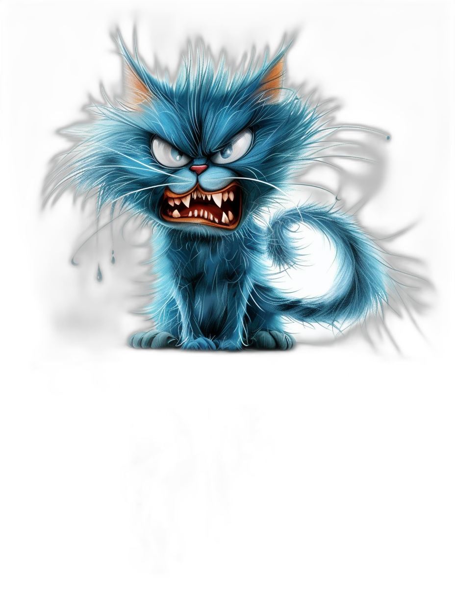 A cute blue cat monster with an angry expression and glowing eyes, white smoke effects around its body on a black background, in the cartoon style of a high definition wallpaper at a high resolution.