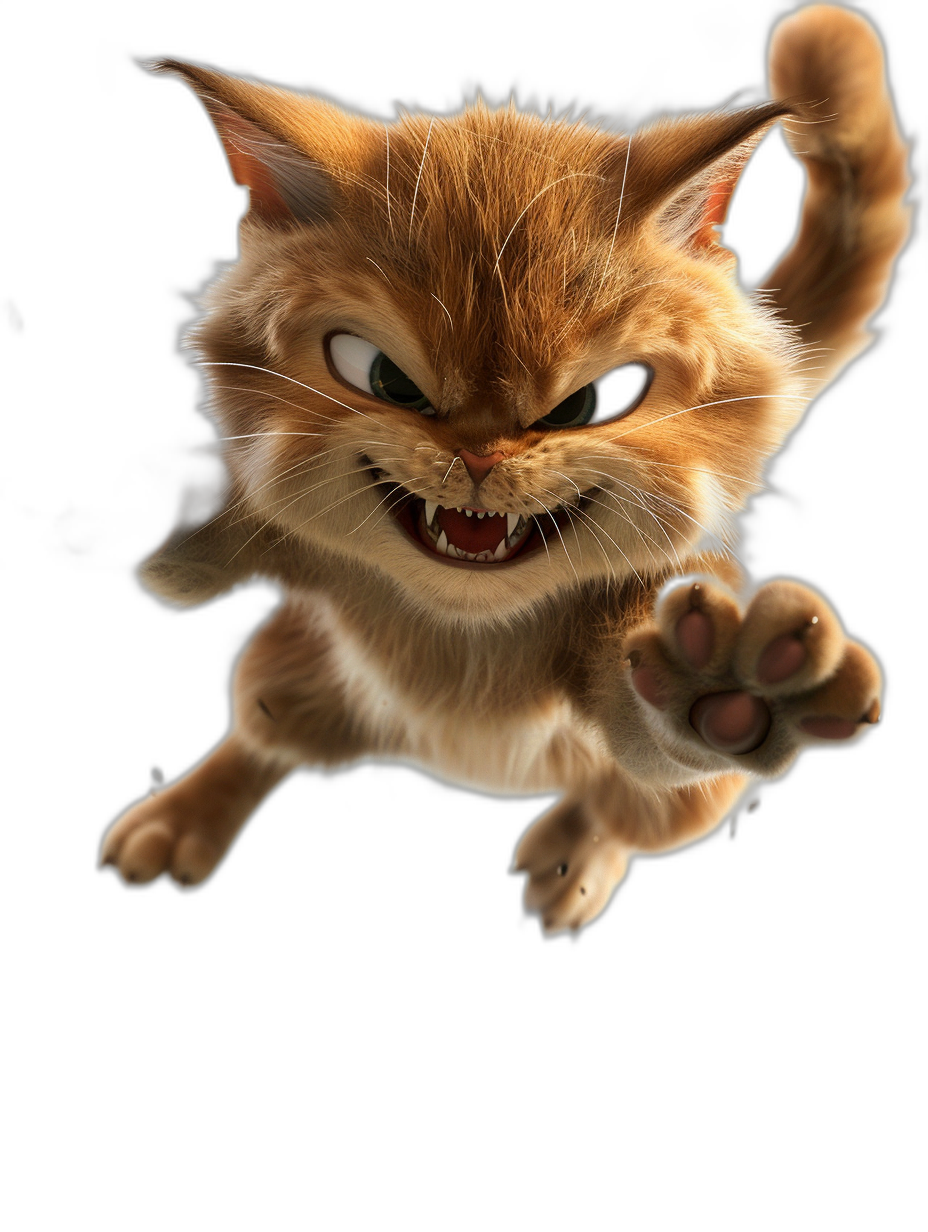 3D render of an angry cat jumping, in the cartoon style, on a black background, in the style of Pixar, with a cute and happy facial expression, high resolution, high detail, high quality textures, with a high focus and high definition, in a hyper realistic style.