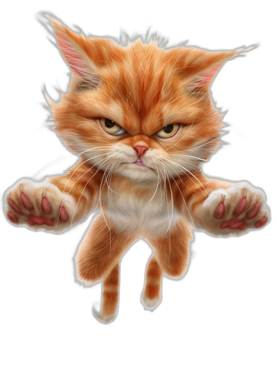 realistic digital illustration of an angry ginger cat flying, full body view with paws outstretched in the air, black background, cartoon style