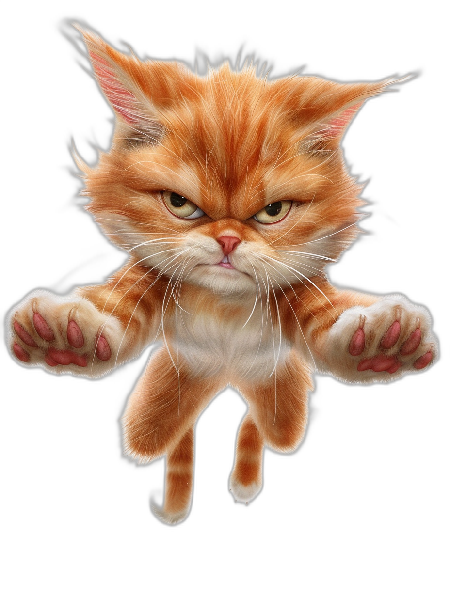 realistic digital illustration of an angry ginger cat flying, full body view with paws outstretched in the air, black background, cartoon style