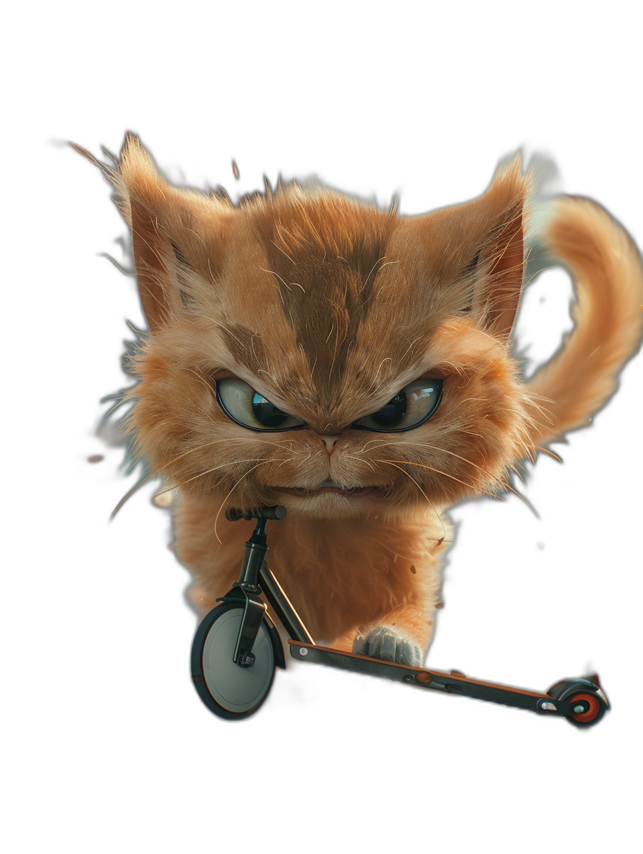 angry cute cat riding scooter on black background, 3d render in the style of octane render, in the style of pixar style