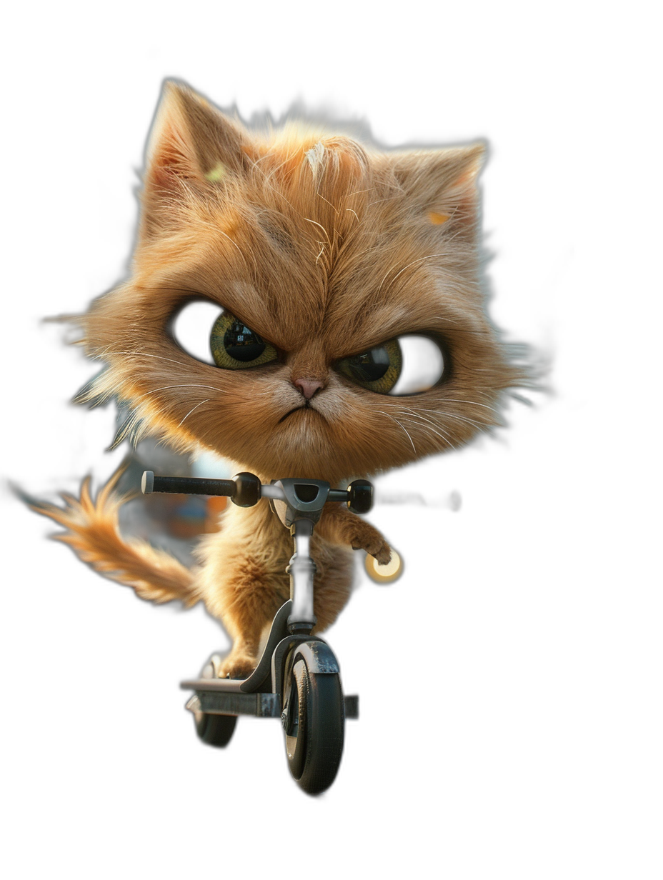 Cute fluffy cat riding on the scooter, big eyes, Pixar style, black background, cartoon character design, high definition photography, octane rendering, Unreal Engine5, 3D art, hyper-realistic