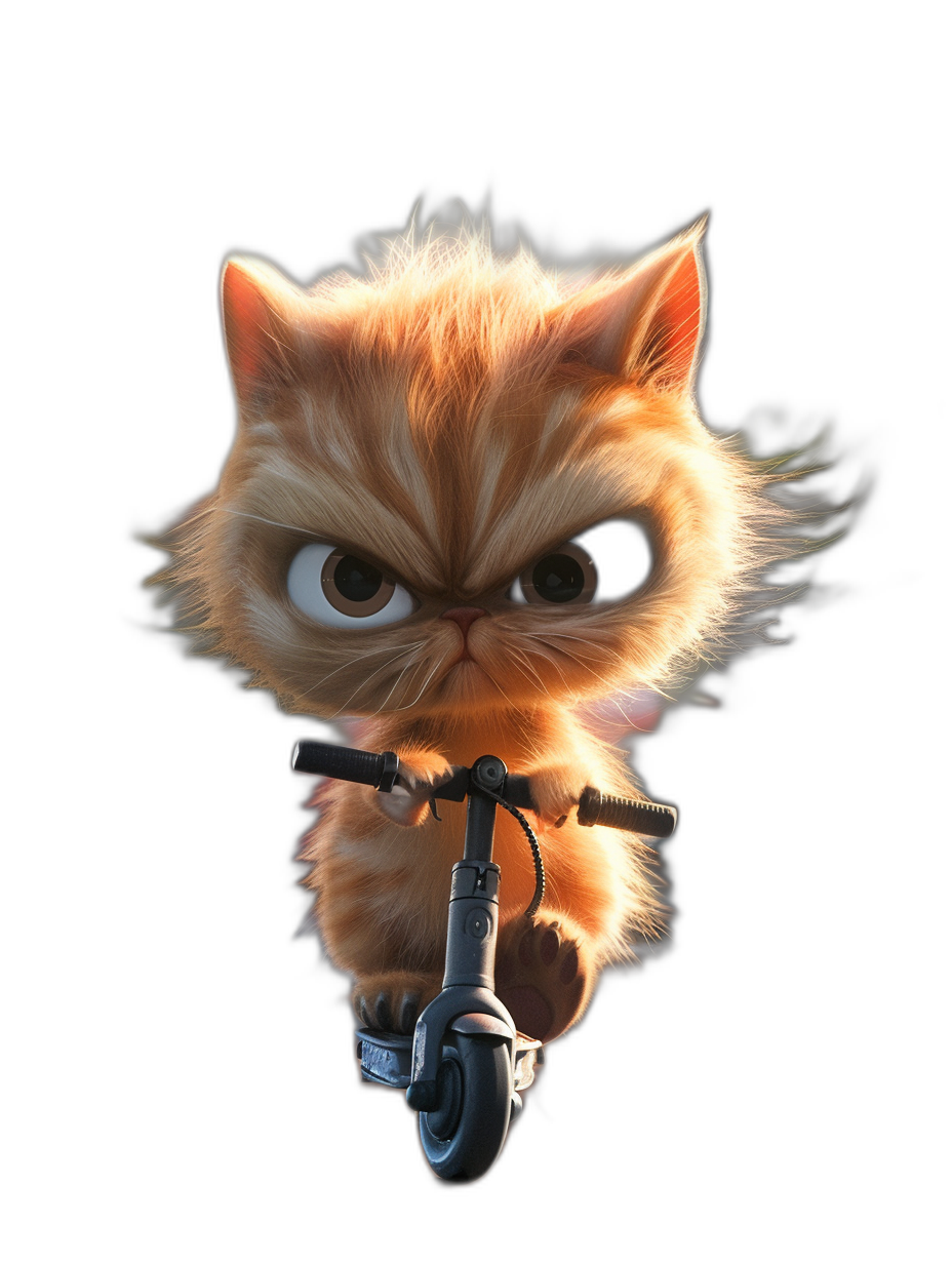 front view of an angry and cute orange cat with big eyes, riding on a scooter, on a pure black background, in the style of Pixar.