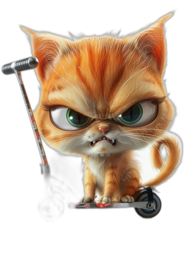 grumpy orange cat with green eyes on scooter, in the style of cartoon, black background, cute, 3D, hyper realistic