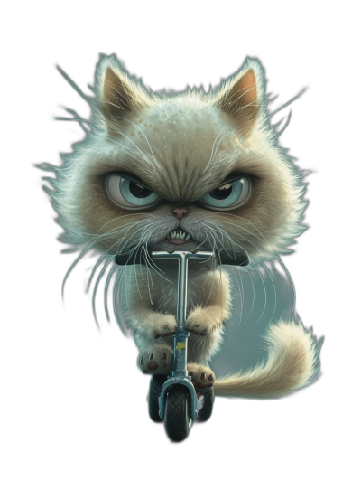 A cute grumpy cat on a scooter, vector illustration against a black background, in the style of Disney with a cartoon character design that is detailed and intricate digital art with soft lighting, a close-up portrait photographed professionally with sharp focus and hyper-realistic details in high resolution HDR to look very realistic.