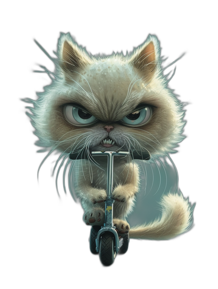 A cute grumpy cat on a scooter, vector illustration against a black background, in the style of Disney with a cartoon character design that is detailed and intricate digital art with soft lighting, a close-up portrait photographed professionally with sharp focus and hyper-realistic details in high resolution HDR to look very realistic.