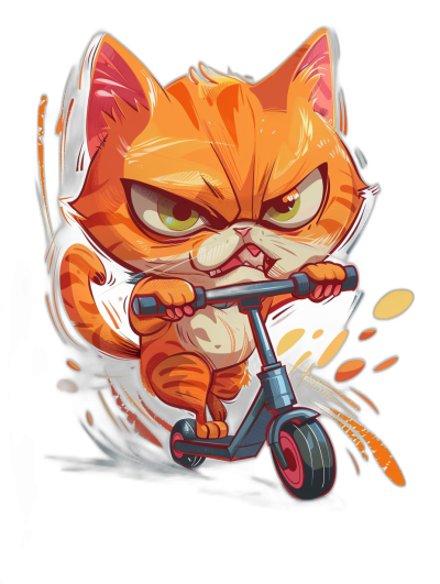 grumpy orange cat on scooter, cartoon style, t-shirt design, black background, vector contour, flat art, graffiti, chibi kawaii