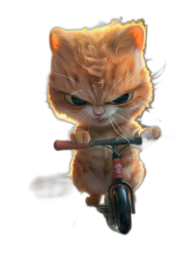 A cute orange cat is riding an electric scooter, with big eyes and an angry expression on its face. It has a black background and is rendered in the style of Pixar. The image of the little red kitten's whole body can be seen from different angles, with high-definition photography using wide-angle lenses and soft lighting.