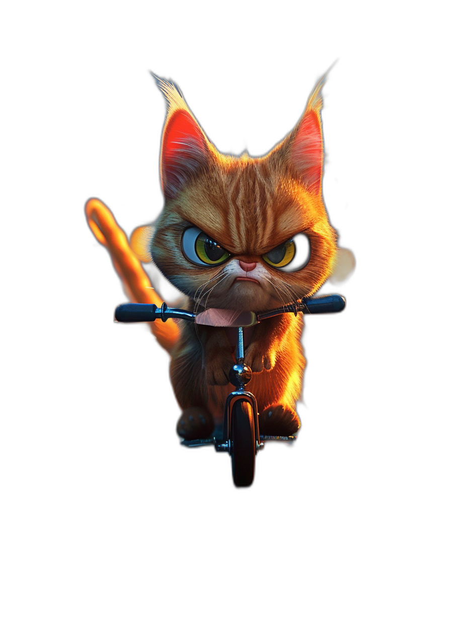 Character design of an angry cat riding on a bike in the style of Pixar, cartoon character, 3D render, glowing light around it, black background, front view