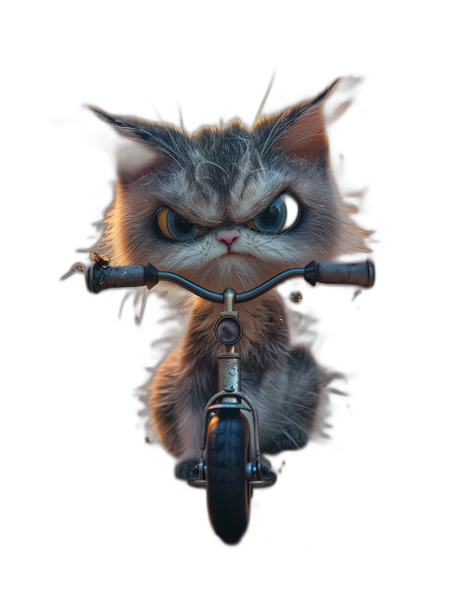 front view of a cute cat riding on a scooter, with angry eyes, in the cartoon style, on a dark background, with detailed fur texture, under studio lighting, in the style of Pixar art, as a 3D rendering, with high resolution photography, and cinematic light, in a hyper realistic style