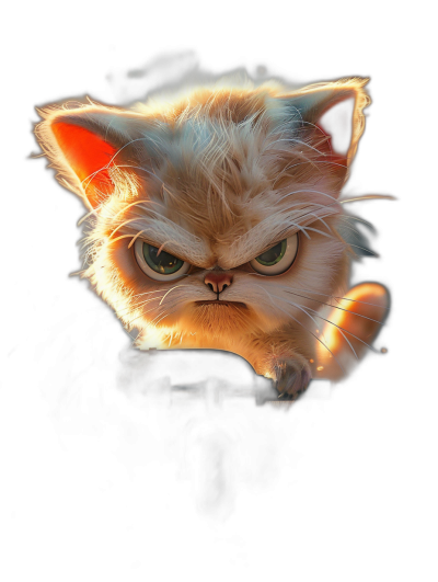 A cute angry cat in the style of Pixar, very detailed, on a black background, with rim lighting, backlighting, glowing eyes, hyper realistic, octane render, 3D art, studio lighting, rim lighting, octane rendering, global illumination, 50mm lens, f/2.8 aperture.