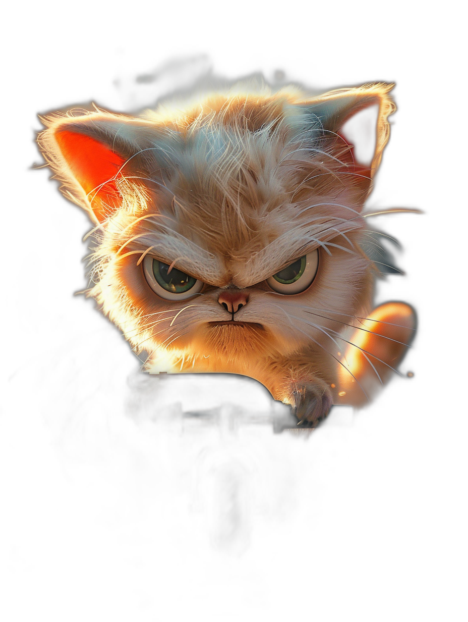 A cute angry cat in the style of Pixar, very detailed, on a black background, with rim lighting, backlighting, glowing eyes, hyper realistic, octane render, 3D art, studio lighting, rim lighting, octane rendering, global illumination, 50mm lens, f/2.8 aperture.