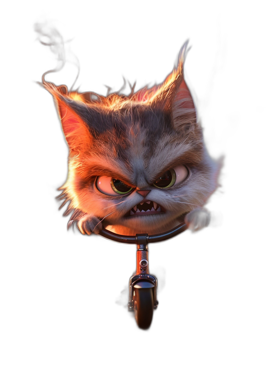 3D render of a cartoon cat on a scooter with an angry face on a black background, in the style of Pixar, cute with a detailed fur texture, smoke coming from the back wheel, high resolution and high detail in a hyper realistic style.