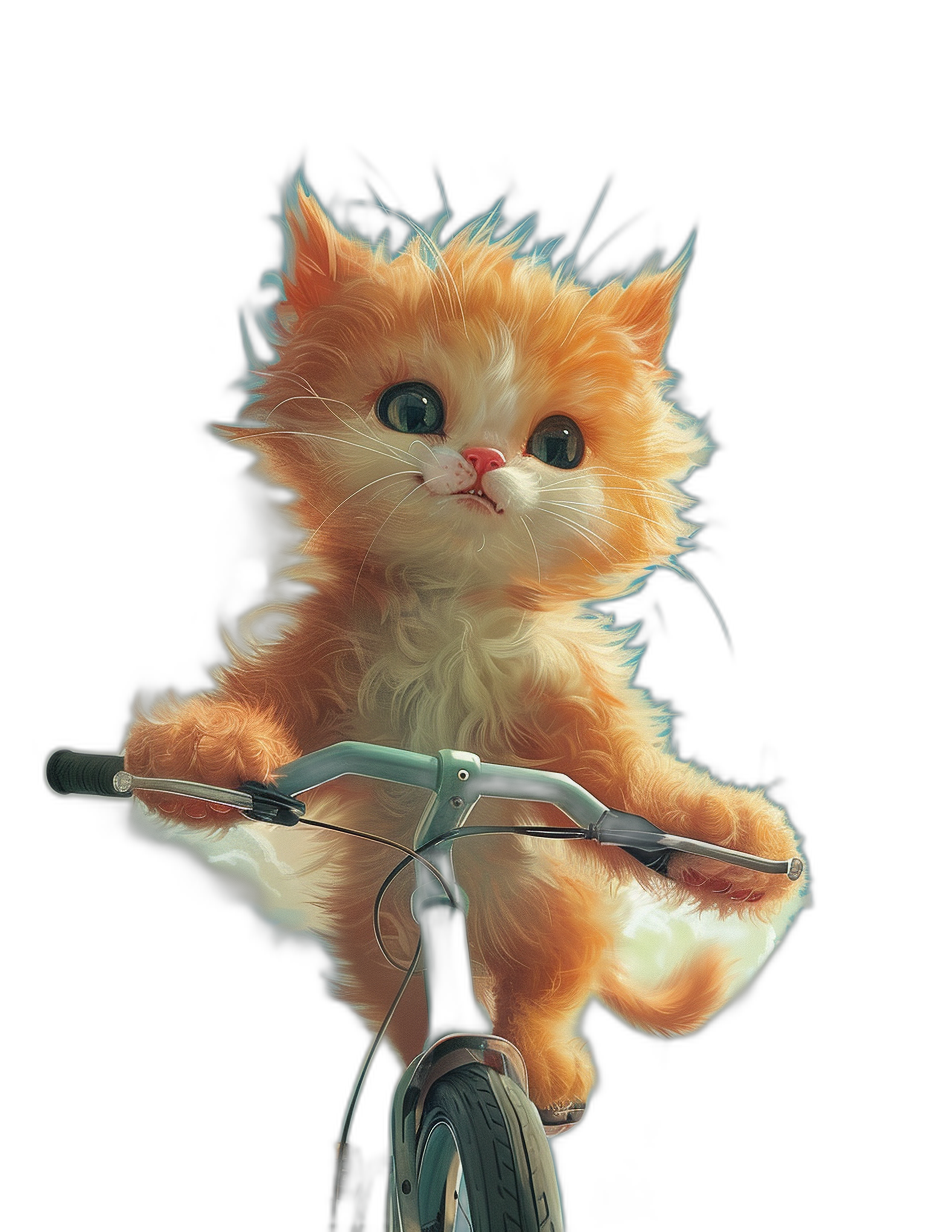 Cute orange cat riding bike, fluffy hair, big eyes, black background, cartoon style, digital art, 3D rendering, cute, soft lighting, fantasy realism, high resolution, high detail, hyper quality,