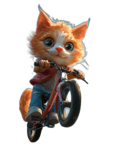 Cute orange cat riding on a bike against a black background, wearing jeans and sneakers with big eyes in the style of Pixar with high definition details.