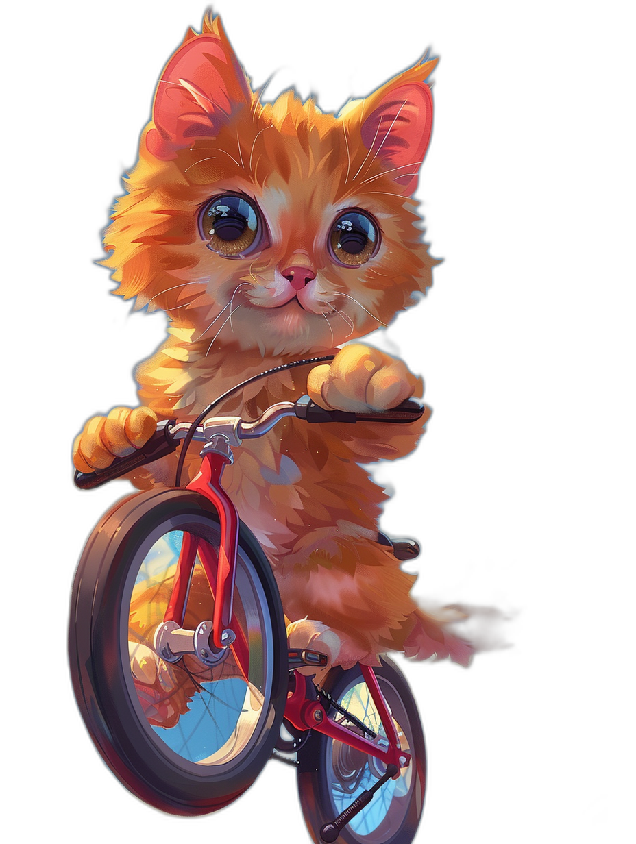 A cute orange cat riding on the front wheel of a red bicycle, in a cartoon style, on a black background, in a full body shot, concept art in the style of [Artgerm](https://goo.gl/search?artist%20Artgerm) and [Atey Ghailan](https://goo.gl/search?artist%20Atey%20Ghailan).