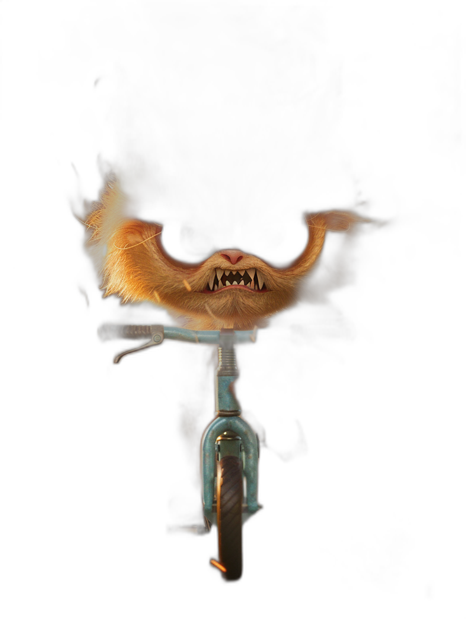 A cute furry creature with big teeth is riding on the front of a bicycle, flying through the air against a black background, in the style of hyper realistic photography.