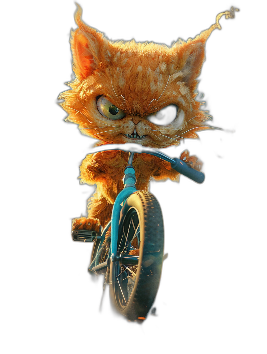 A cute orange cat riding on the front wheel of an unicycle, cartoon style, black background, Pixar character design, hyper-realistic, high definition, high resolution, octane rendering, HDR, studio lighting, intricate details, full body shot, portrait