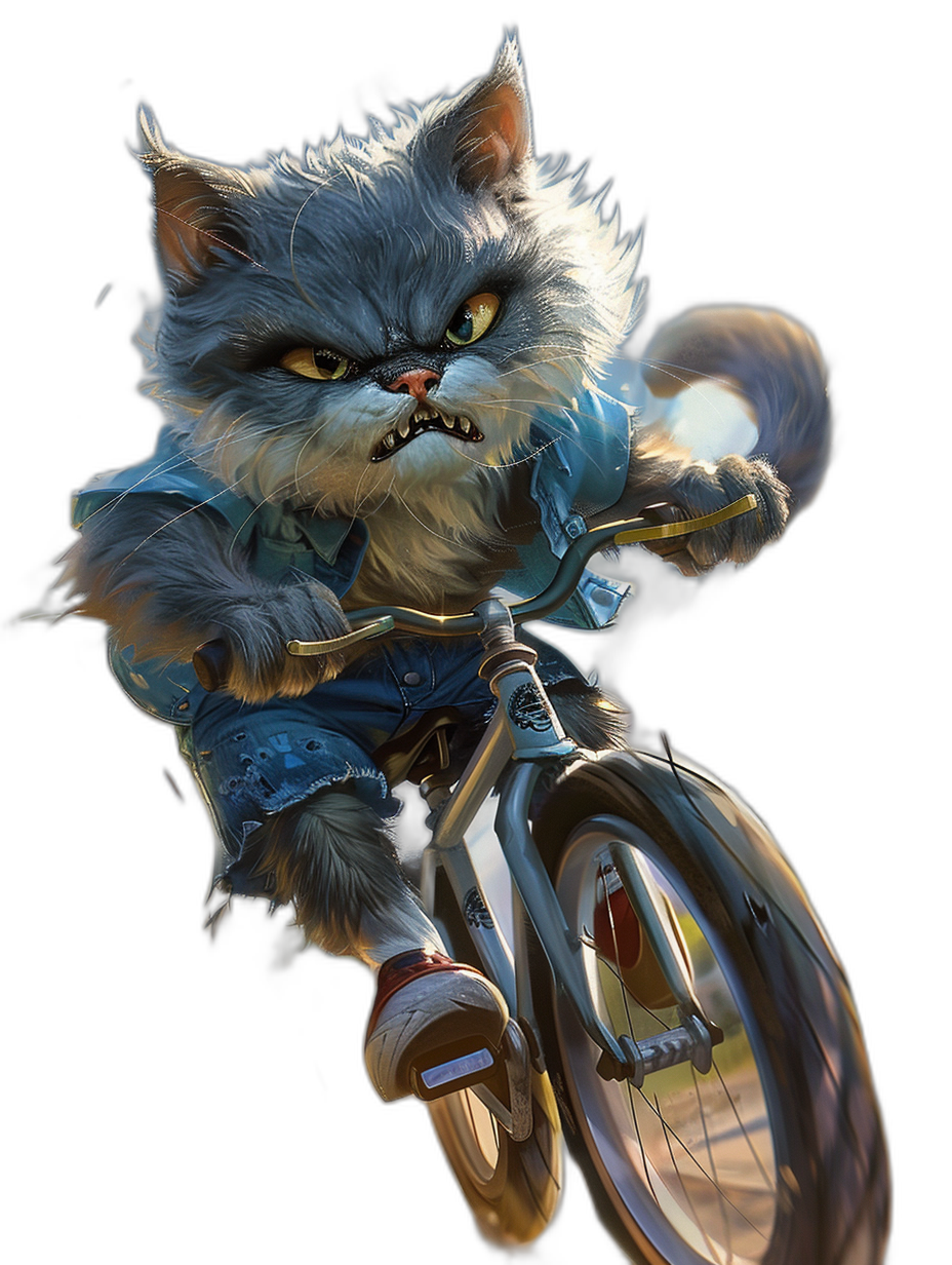 realistic digital fantasy illustration of an angry gray cat wearing blue and white , riding on the front wheel of bicycle, black background, full body view, wide angle