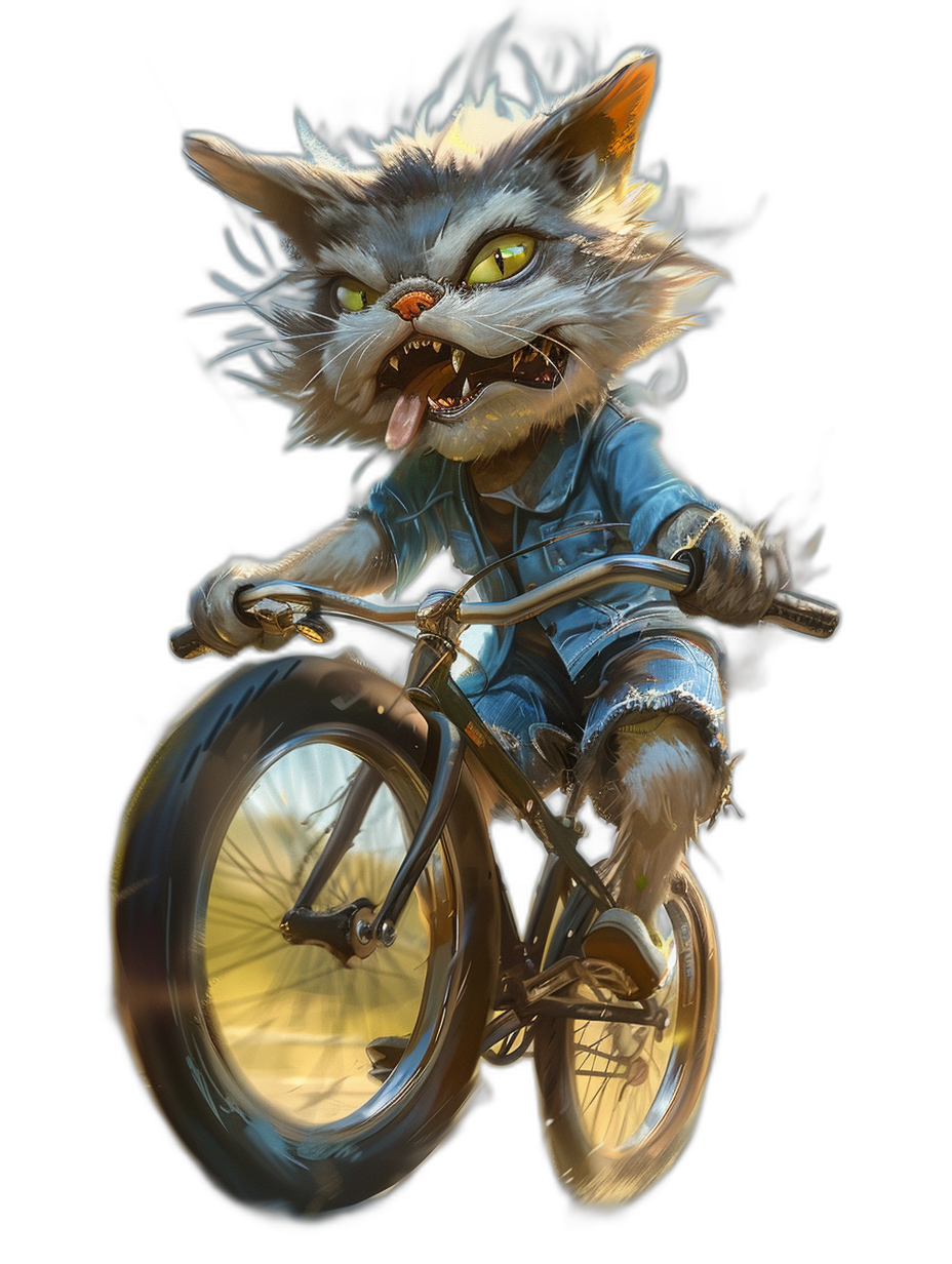 Full body portrait of a happy and smiling cat wearing a dirty blue shirt, riding a bike with big wheels, yellow eyes, sharp teeth, against a black background, in the style of a hyper realistic illustration, fantasy art artwork, a digital painting, digital concept art, shown from the front view, with an ultra detailed sketch.