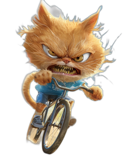 character design of an angry ginger cat riding on the front wheel of a bicycle, wearing a blue shirt and shorts, on a black background, in the style of Pixar, high resolution, high quality, high detail, cartoon style, cute face, fluffy fur, flying hair, big teeth, 3d render, studio lighting.