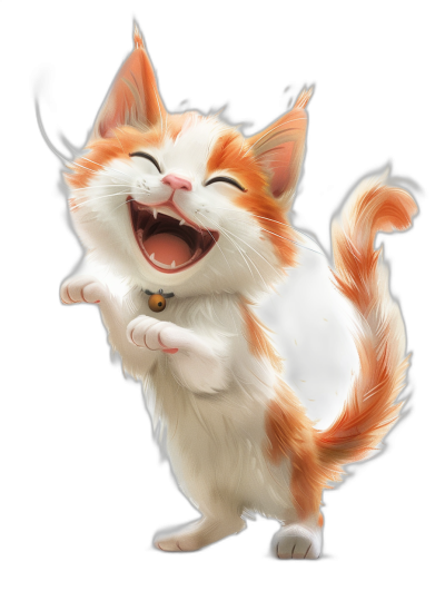 smiling happy cute white and orange cat jumping, black background, Disney style cartoon character in full body, concept art in the style of Pixar studio, ultra detailed