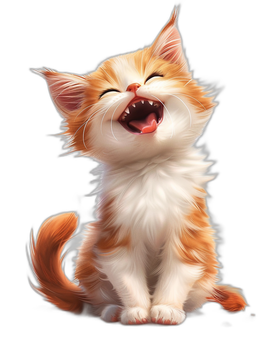 A cute happy smiling orange and white kitten howling with its mouth open against a black background, concept art in the style of Pixar, cgsociety, character design, cartoonish, digital painting, illustration.