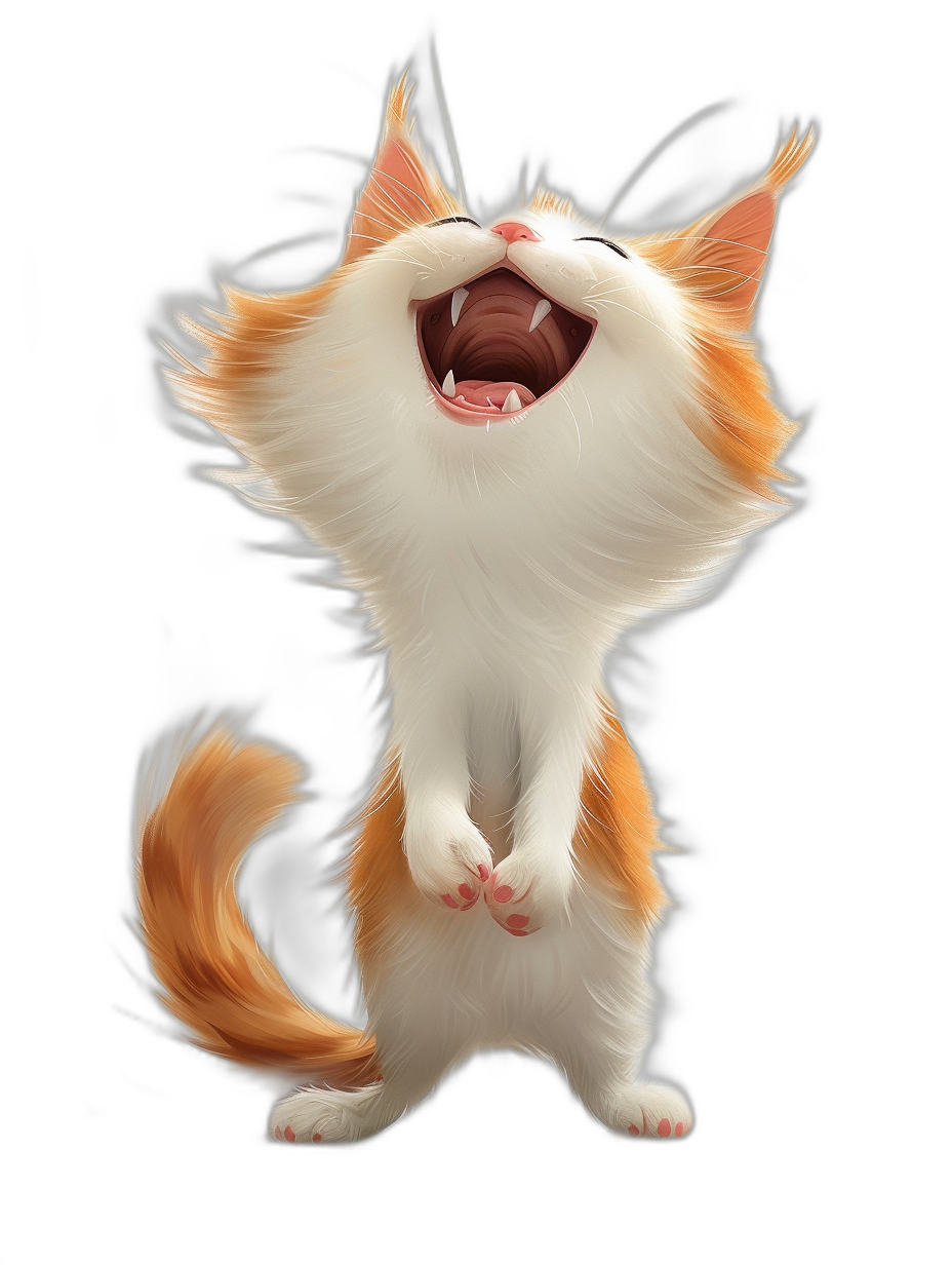 A cute happy cat, full body, white and orange fur color, in the style of Disney, black background, 3D rendering, in the style of Pixar animation, concept art, high resolution, high detail, super detailed, octane render, studio lighting, portrait of the character, standing on hind legs with its head raised to shoot, happy expression, laughing, mouth open wide, cute pose, white paws up.