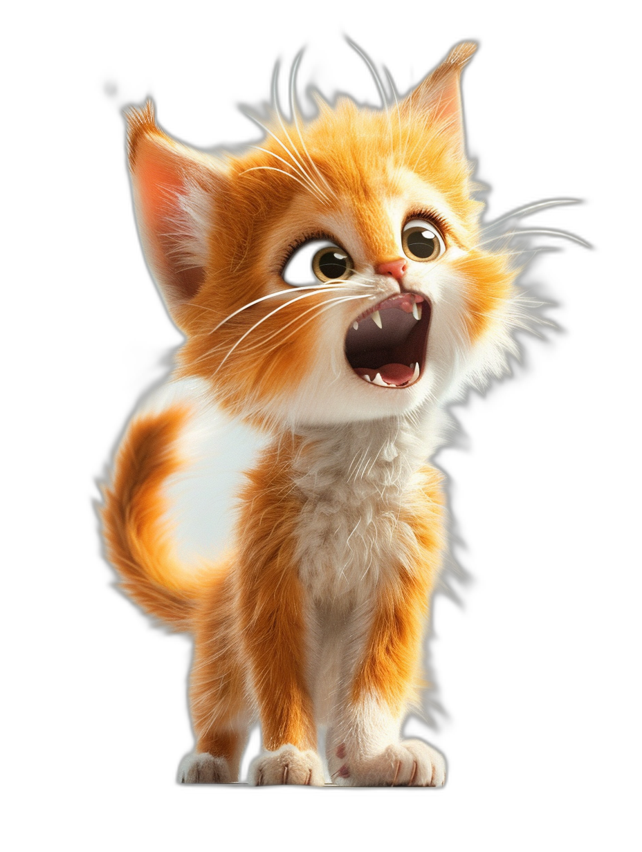 A cute orange and white kitten howling against a black background in the style of Pixar. The cartoonish kitten is detailed with a fur texture and a happy expression.